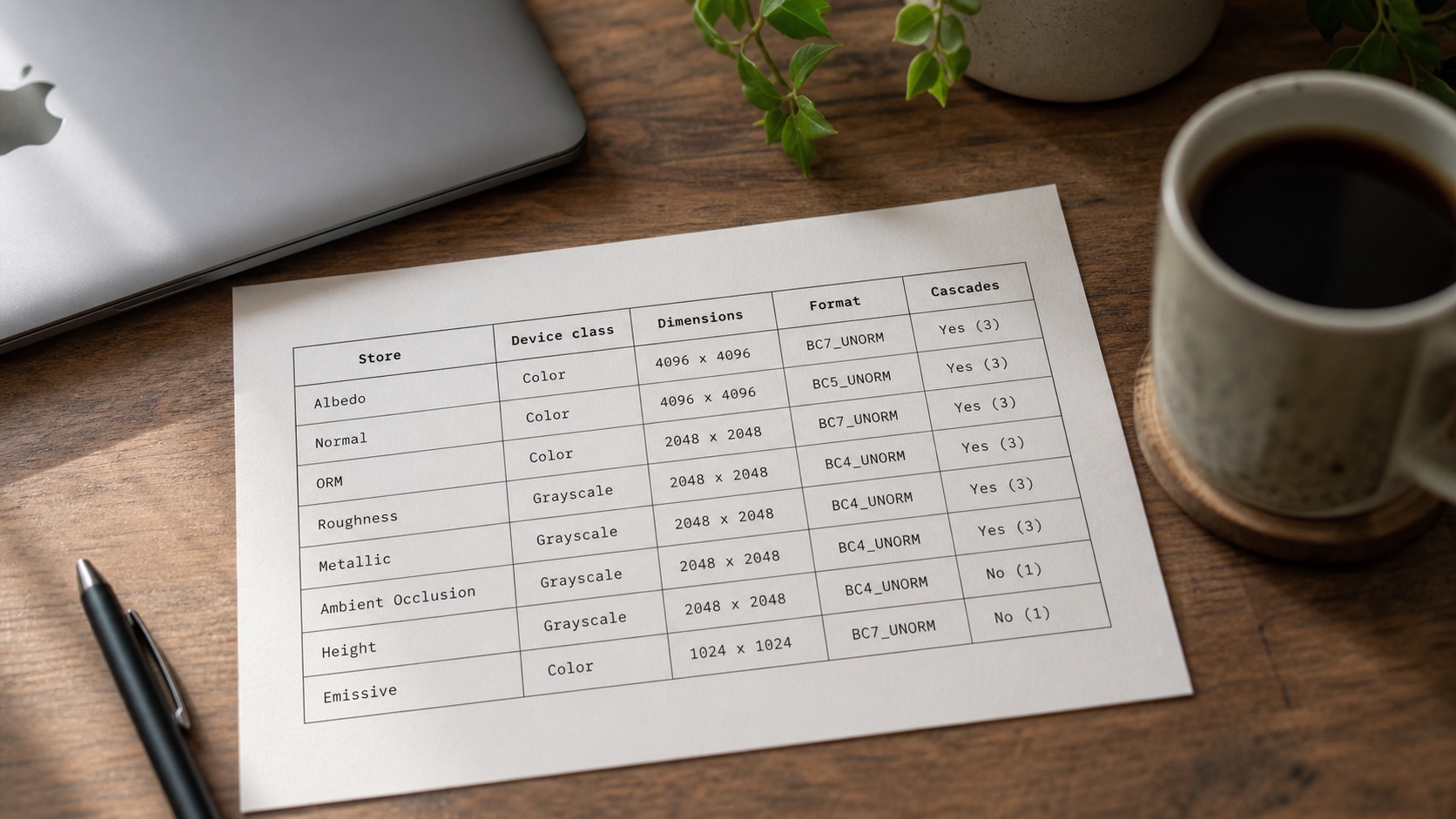 Overhead photo of a printed reference sheet next to a closed silver laptop and a cup of coffee