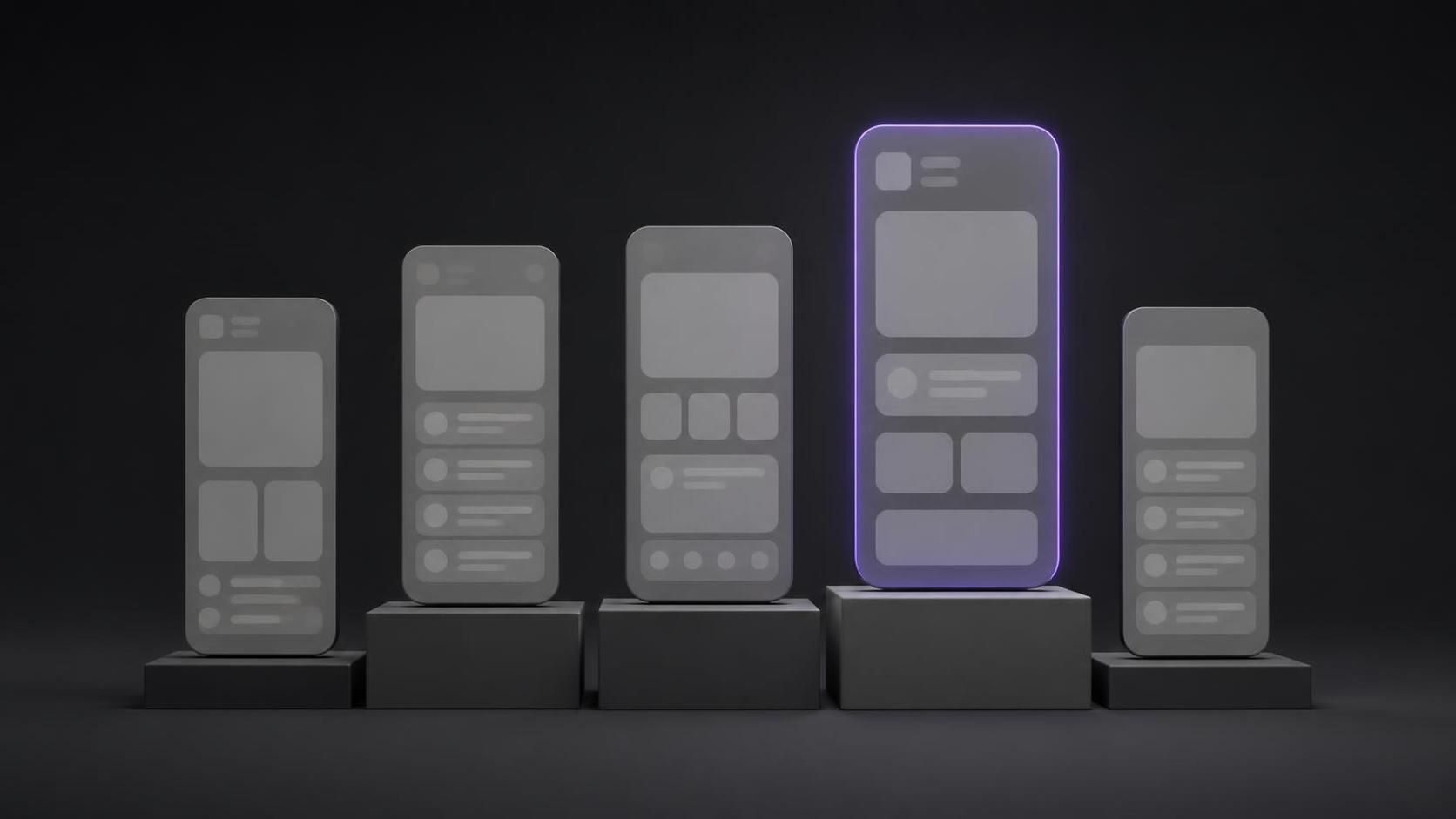 Five portrait phone-shaped panels with grey interface blocks standing on dark pedestals of different heights, the fourth panel larger and outlined in purple.