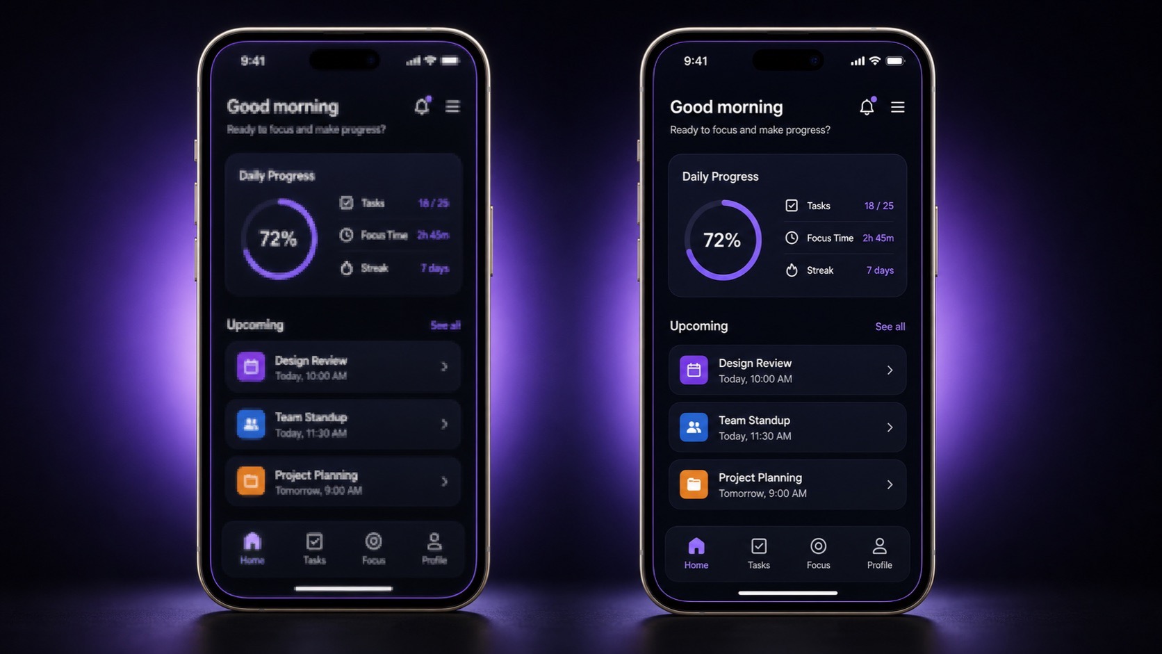 Two side-by-side iPhone screenshot panels of the same UI, the left rendered blurry with soft mushy text, the right pixel-sharp with crisp edges