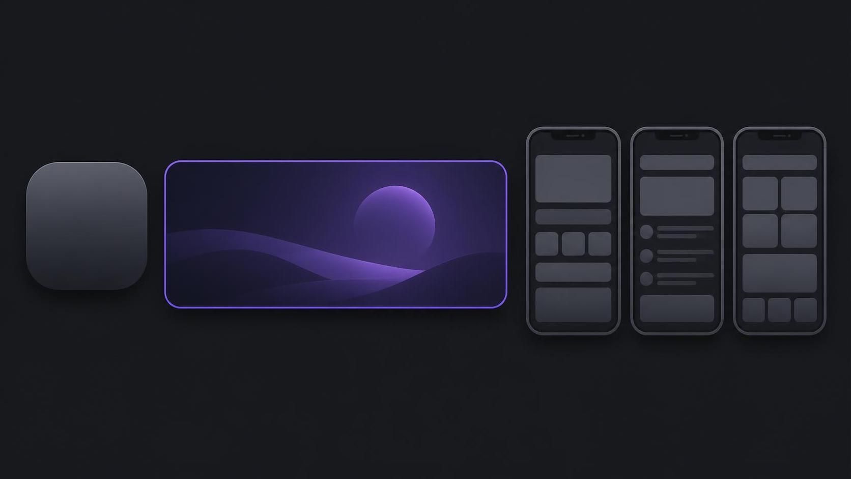 Flat store assets on a dark background: a grey rounded-square icon, a wide purple landscape banner with a thin purple outline, and three portrait phone panels with grey interface blocks.