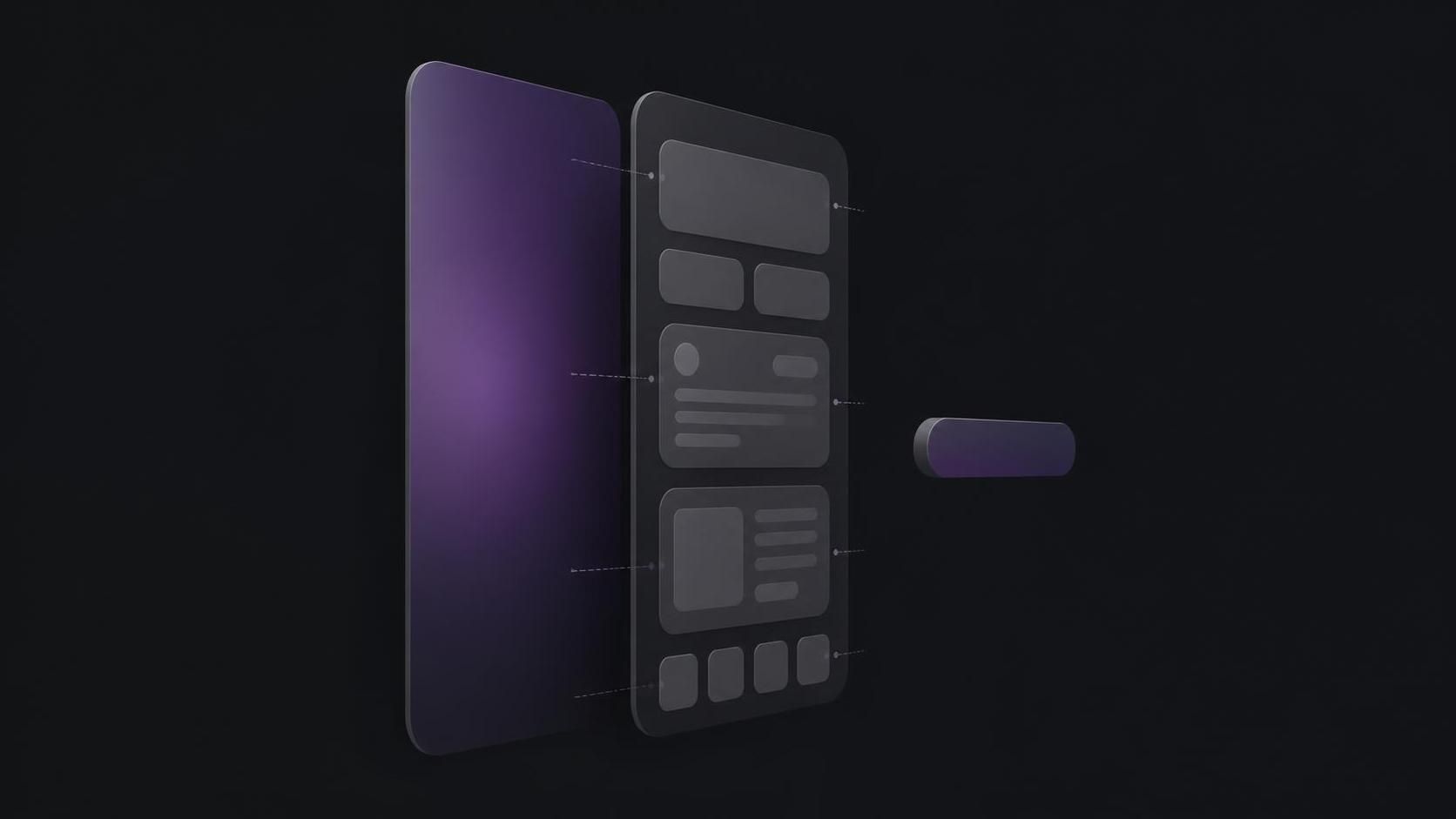 An exploded view of one portrait screenshot: a purple gradient background panel, a grey interface panel with placeholder blocks, and a small caption bar, floating apart side by side