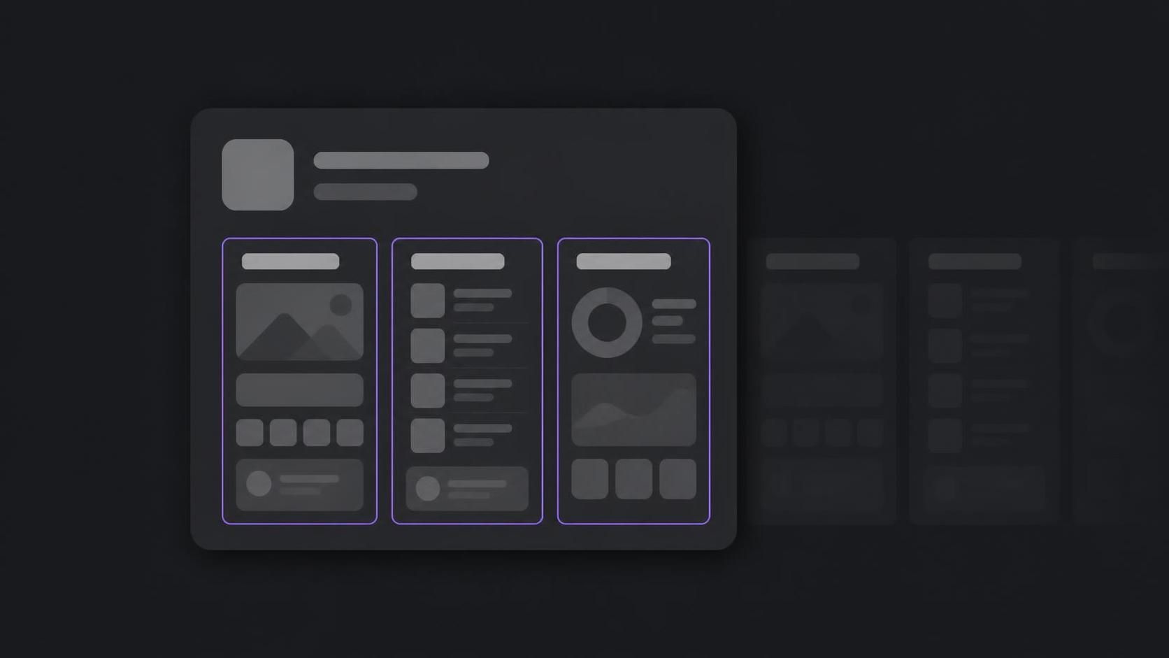 A search result card on a dark background: an app icon placeholder and title bars above three portrait screenshot panels outlined in purple, with more panels fading out to the right