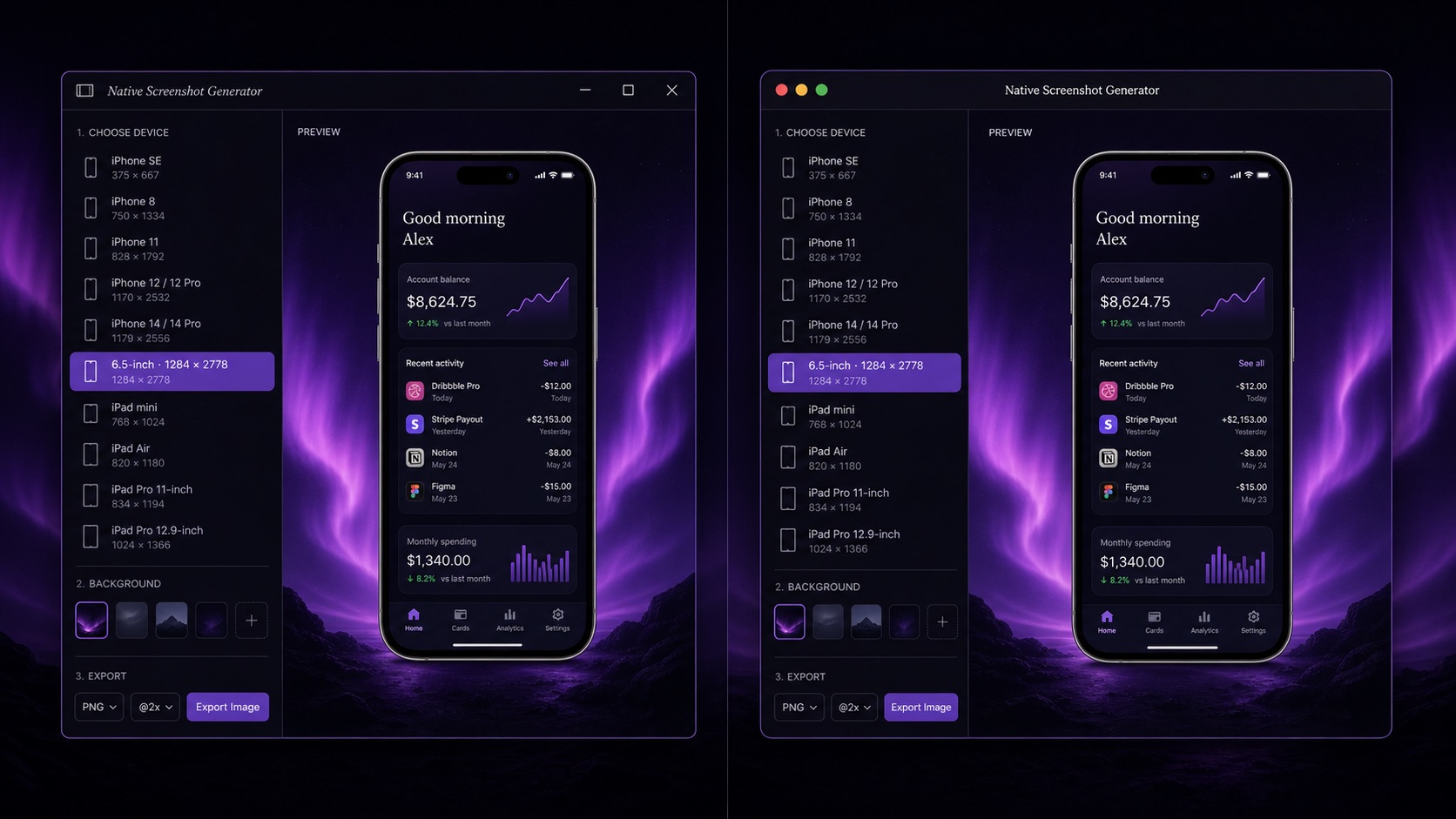Split-screen illustration of a Windows desktop on the left and a Mac desktop on the right, both running the same local screenshot generator with a 6.5-inch export preset selected and a framed iPhone screenshot previewed in the centre of each window