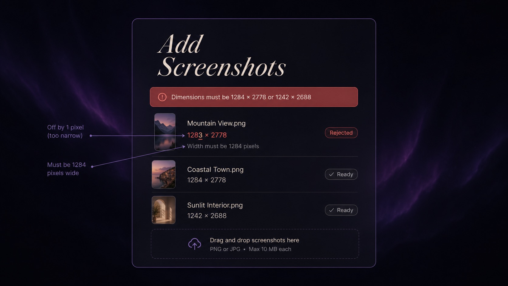 UI mockup of an upload modal with a red error banner stating Dimensions must be 1284 x 2778 or 1242 x 2688, a rejected file row showing a 1283 x 2778 thumbnail highlighted in red, and callout arrows pointing at the mismatched pixel count