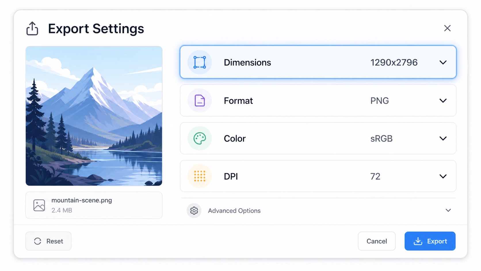 Stylized export-settings panel UI mockup highlighting four rows: dimensions 1290x2796, format PNG, color sRGB, DPI 72