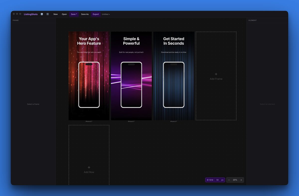 ListingShots, offline App Store screenshot generator